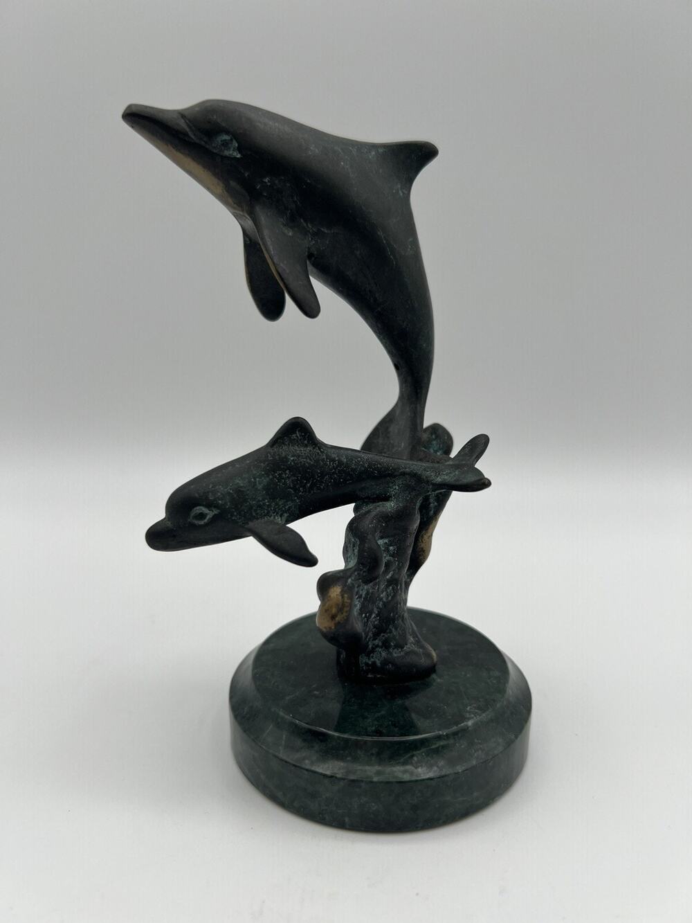 SPI Bronze Mom & Baby Dolphin Figurine Statue on Marble Base 6” Nautical Decor